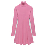 Kukombo 2021 Women Fashion Chic Pink Side Split Slim Knitted Mini Dress Female Elegant Turtleneck Long Sleeve Dresses Vestidos