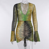 Kukombo Women Autumn Long Sleeve V Neck Printed Bodycon Gradient Sexy Mini Dress Fall Clothes Items