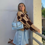 Christmas Gift HEYounGIRL Autumn Winter Plaid Brown Knitted Sweater Women Casual Korean Fashion Pullovers Top Vintage Long Sleeve Jumpers 2021