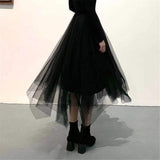 Kukombo Gothic Gray Tulle Long Irregular Pleated Skirts Elastic High Waist A-Line Mesh Midi Skirts Vintage Punk Streetwear Streetwear