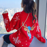 Christmas Gift Winter Sweater Women plus Size Embroidered Elk New Fashion Sweater Thick Loose Knitwear snowflake Red Pullover Christmas Sweater