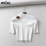 Christmas Gift Aproms Candy Color High Neck Ribbed Knitted T-shirt Women Sexy Short Sleeve Strench Tshirt Ladies Streetwear White Crop Top 2021