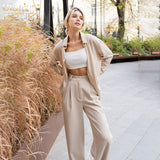 Kukombo Casual Solid Women Suit Fashion Long Sleeve Blouses Shirts Office Two Piece Pants Sets Elegant Wide Leg Trousers Suit 2022 spring