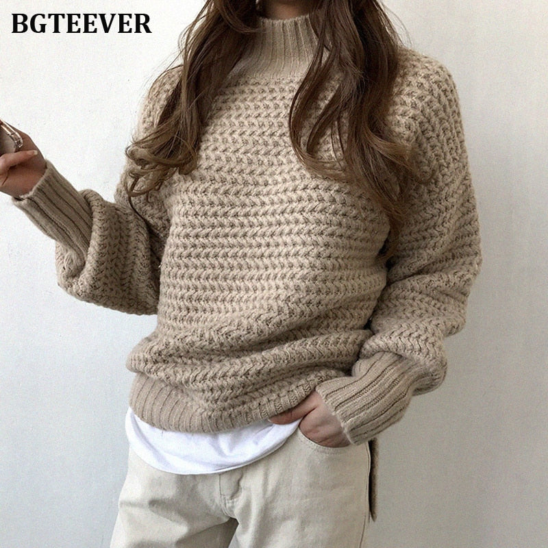 Kukombo Elegant Turtleneck Thick Women Sweater Winter Striped Jumpers Female Brief Loose Knit Pullovers 2022 Warm Sweater Tops