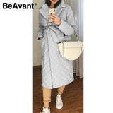 Kukombo Long straight coat with rhombus pattern Casual sashes women winter parka Deep pockets tailored collar stylish outerwear