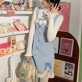 Kukombo Blue Lolita Kawaii Strap Dress Women Japanese Lace Patchwork Sweet Mini Dress Female Korean Split Bow Designer Cute Dress