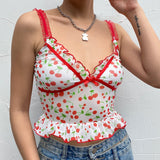 Kukombo Cherry Printed Cute Ruffles Crop Tops For Women Streetwear Sexy V-Neck Mesh Female Tank Tops Summer Aesthetic Tops Lady
