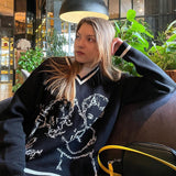 Christmas Gift HEYounGIRL Autumn Winter V Neck Gothic Harajuku Sweater Casual Loose Print Long Sleeve Pullovers Top Fashion Korean Jumpers