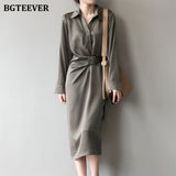 Christmas Gift BGTEEVER Fashion Turn-down Collar Women Satin Mid-length Dress Casual Loose Irregular Belted Female Dress 2021 Summer