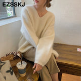 Christmas Gift Basic Thick Loose v-neck oversize Sweater Pullover Women Autumn winter Casual long Sleeve Sweater For women Chic Jumpers top