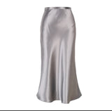 Kukombo Satin High Waist Skirts Women New Soft Smooth Silk Office Lady Basic Midi Skirt Chic Elegant Glossy Long Skirt-1118