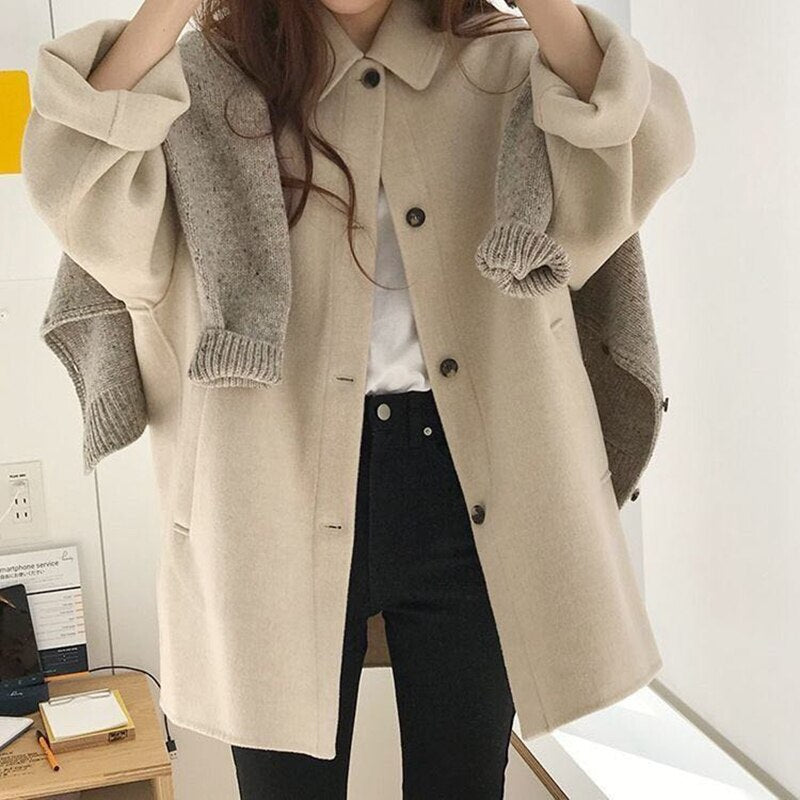 Kukombo Christmas Gift Women's Coat Wool Long Sleeve Single Breasted Fashion Fold Over Women's Blended Leisure Loose  Winter Woman Thick Coat