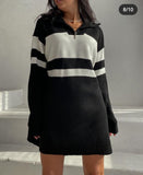 Kukombo Knitted Striped Sweater Long Sleeve Tops Jumper Zip Up Turtleneck Pullover Knitwear Oversized Knit Long Sweaters For Women 2023
