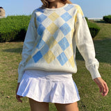 Kukombo White Casual Plaid Argyle Sweater Ladies Preppy Style Vinage Knit Jumper Women Antumn Winter Pullover Knitwear