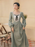 Kukombo Sweet Retro Kawaii Dresses For Women Autumn Bowknot Lace Square Neck Elegant Long Sleeve Palace Style Retro Dress Party Vestido