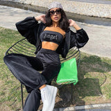 Kukombo Casual Wide Leg Pants Strapless Suit Women Two Piece Set High Waist Trousers Diamonds Crop Top Outfit Autumn Streetwear