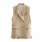 Kukombo Stylish Chic Khaki Ruffles Double Breasted Vest Coat Women 2021 Fashion Pockets Waistcoat Female Casual Outfitsar