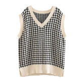 Kukombo Autumn Winter Women Sweater Vest Houndstooth Loose Knitted V-Neck Sleeveless Chic Top Fashion Vintage Sweater Female Waistcoat