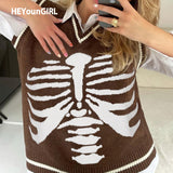 Kukombo Halloween Harajuku V Neck Vintage Oversized Sweater Women Autumn Sleeveless Brown Knitted Vest Top Casual  Aesthetic Jumper