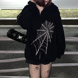 Kukombo Y2K Rhinestone Skeleton Zip Up Oversized Sweatshirts Goth Hoodies Women Grunge Hooded Jacket Streetwear Retro Tops