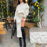 Kukombo Women Knitting Dress Suits Turtleneck Solid Color Pullover Sweater + Slim Side Slit Skirt Two-Piece Set Chic Outwea K08