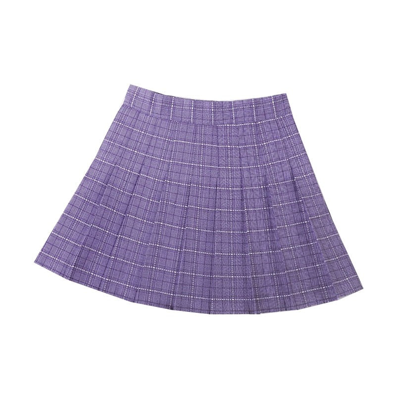 Christmas Gift Purple Women Pleated Skirts High Waist Woman Plaid Mini Skirt Preppy Style Casual Female Skirts Sweet A-line Ladies Short Skirt