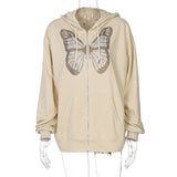Kukombo Streetwear Oversized Big Butterfly Zipper Hoodie Jacket Sweatshirt Zip-Up Loose Autumn Casual Hoodies Jacket Coat For Women