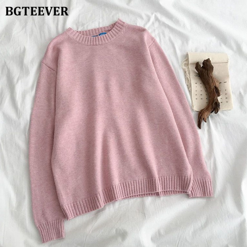 Christmas Gift BGTEEVER New Autumn Winter Basic Knitted Sweater for Women Casual O-neck Loose Solid Female Pullovers Jumpers 2021 Knitting Tops