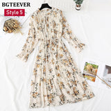 Christmas Gift BGTEEVER Spring Stand Collar Floral Print Women Dress Lace Up Female Pleated Dress Summer Party Midi Chiffon Vestidos femme 2021