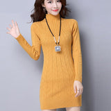 Kukombo Autumn Winter Solid Knitted Cotton Sweater Dresses New Women Fashion Turtleneck Pullover Female Knitted Dress Vestidos