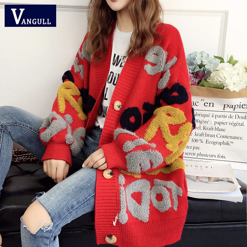 Christmas Gift Women Letter Print Knitted Sweater 2021 Spring  Autumn New Korean Long Sleeve Single Breasted Thick Loose Cardigans