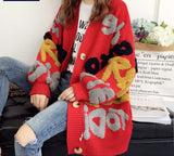 Christmas Gift Women Letter Print Knitted Sweater 2021 Spring  Autumn New Korean Long Sleeve Single Breasted Thick Loose Cardigans
