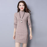 Kukombo Autumn Winter Solid Knitted Cotton Sweater Dresses New Women Fashion Turtleneck Pullover Female Knitted Dress Vestidos