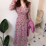 Christmas Gift BGTEEVER Fashion V-neck Floral Print Elastic Waist Women Dress Vintage Flare Sleeve Front Buttons A-line Female Long Dresses
