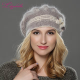 Christmas Gift   NEW winterWomen beret hat knitted wool angora beret  The classic grid of mink flower decoration cap Double warm hat
