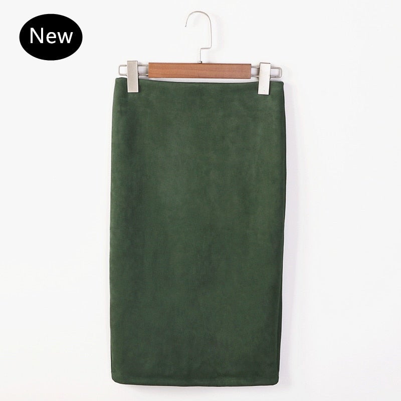 Christmas Gift Multi colors 2021 Women Skirt Spring Solid Suede Work Wear Package Hip Pencil Midi Skirt Autumn Winter Bodycon Femininas SP012