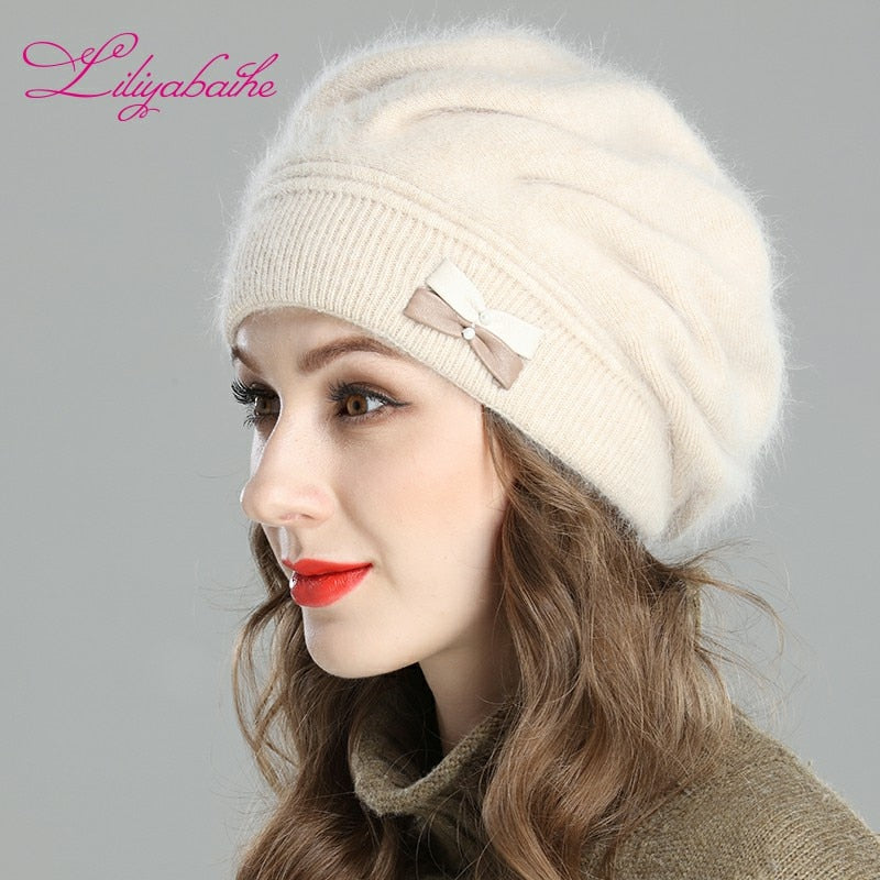 Christmas Gift New style women's winter beret knitted wool angora beret Decoration Two-color butterfly double warm Hat