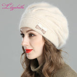 Christmas Gift New style women's winter beret knitted wool angora beret Decoration Two-color butterfly double warm Hat