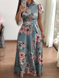 Women Summer Dress Casual Short Sleeve Long Dress Boho Floral Print Maxi Dress Vestidos Turtleneck Bandage Elegant Dresses Belt