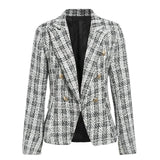 Kukombo Office ladies plaid blazer jacket Buttons double breasted tweed female blazers Autumn winter work wear women coats