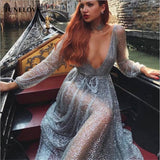 Kukombo  Silver Sexy Party Dress Hot Sequined Dress Women Mesh Overlay Maxi Dress Summer Backless Long Sleeve V-neck Dress Vestidos