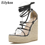 Christmas Gift Eilyken 2022 New Champagne Gold Women Sandals Black Lace-up Peep toe Summer Wedges High Heels Large Size 35-42 Elegant Sandals