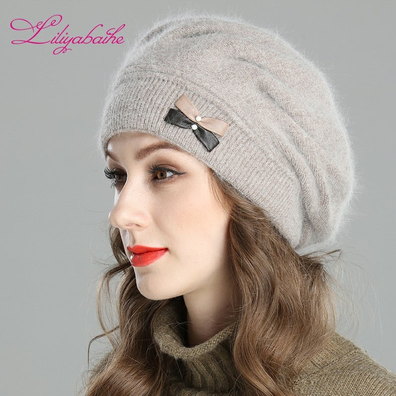 Christmas Gift New style women's winter beret knitted wool angora beret Decoration Two-color butterfly double warm Hat