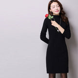Kukombo Autumn Winter Solid Knitted Cotton Sweater Dresses New Women Fashion Turtleneck Pullover Female Knitted Dress Vestidos