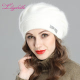 Christmas Gift New style women's winter beret knitted wool angora beret Decoration Two-color butterfly double warm Hat