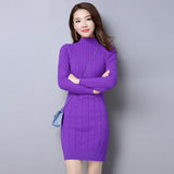 Kukombo Autumn Winter Solid Knitted Cotton Sweater Dresses New Women Fashion Turtleneck Pullover Female Knitted Dress Vestidos