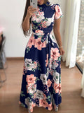 Women Summer Dress Casual Short Sleeve Long Dress Boho Floral Print Maxi Dress Vestidos Turtleneck Bandage Elegant Dresses Belt