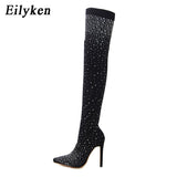 Christmas Gift Eilyken 2022 Fashion Runway Crystal Stretch Fabric Sock Boots Pointy Toe Over-the-Knee Heel Thigh High Pointed Toe Woman Boot