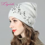 Christmas Gift Women Autumn And Winter Hat angora Knitted Skullies Beanies Cap diamante blossom decoration hats for Girls