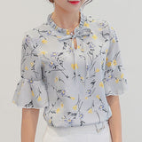 Summer Office Lady Bottom Shirt Women Flowers Print Blouses Fashionable Short Sleeve Casual Chiffon Shirts Ruffle Blouse Gothic